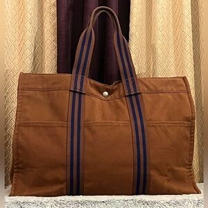 HERMES PARIS Brown Canvas Tote Bag with Navy Stripe Handles